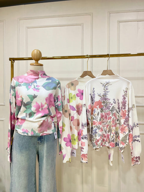 Women High Neck Floral Printed Knitted Pullover